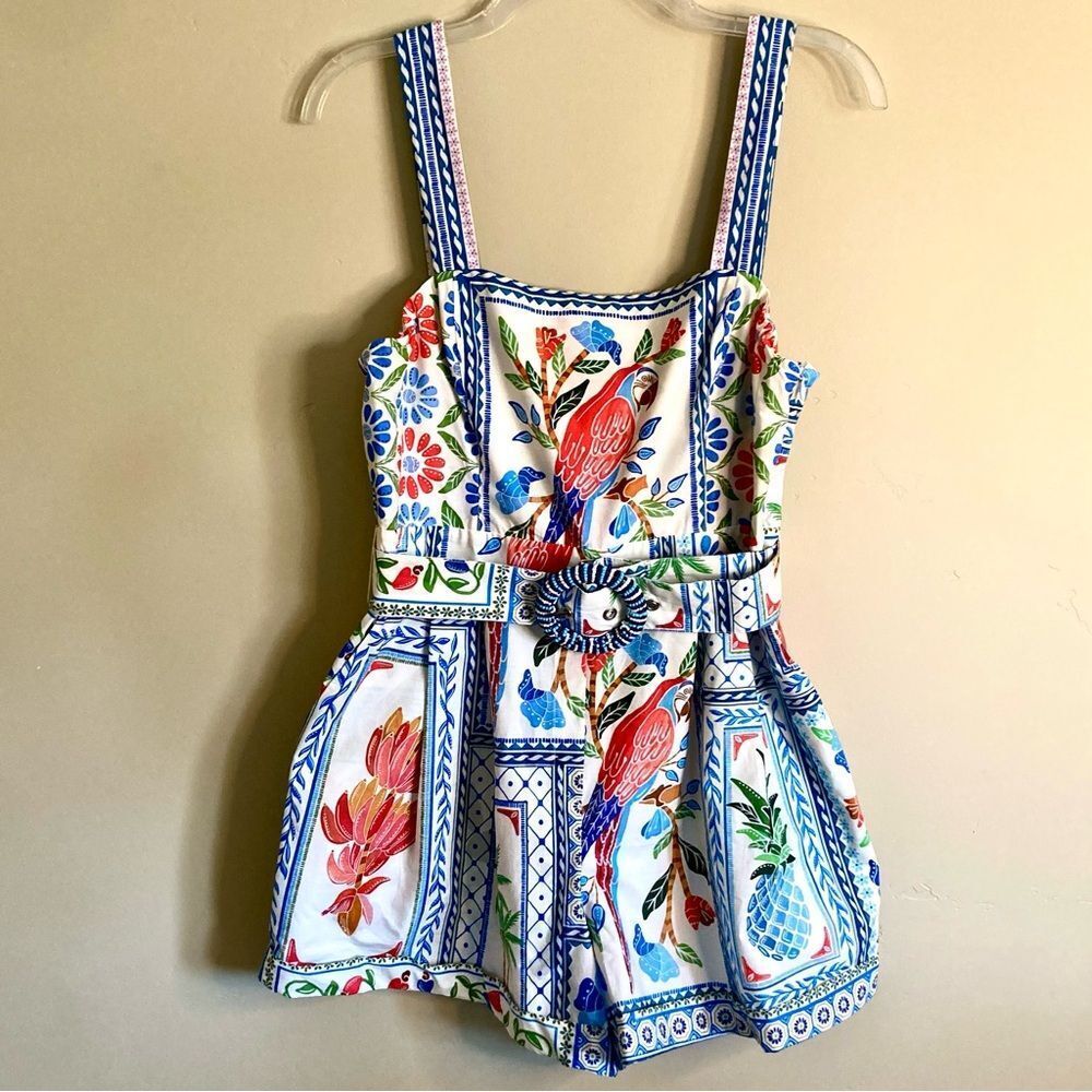 NEW FARM Rio Tropical Tiles Romper Tropical Macaw Shorts Cotton Beaded Size XL - Picture 6 of 16